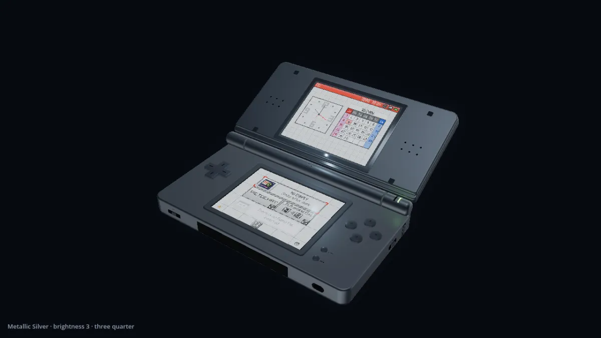 The silver DS Lite from the game, open, three-quarter view.