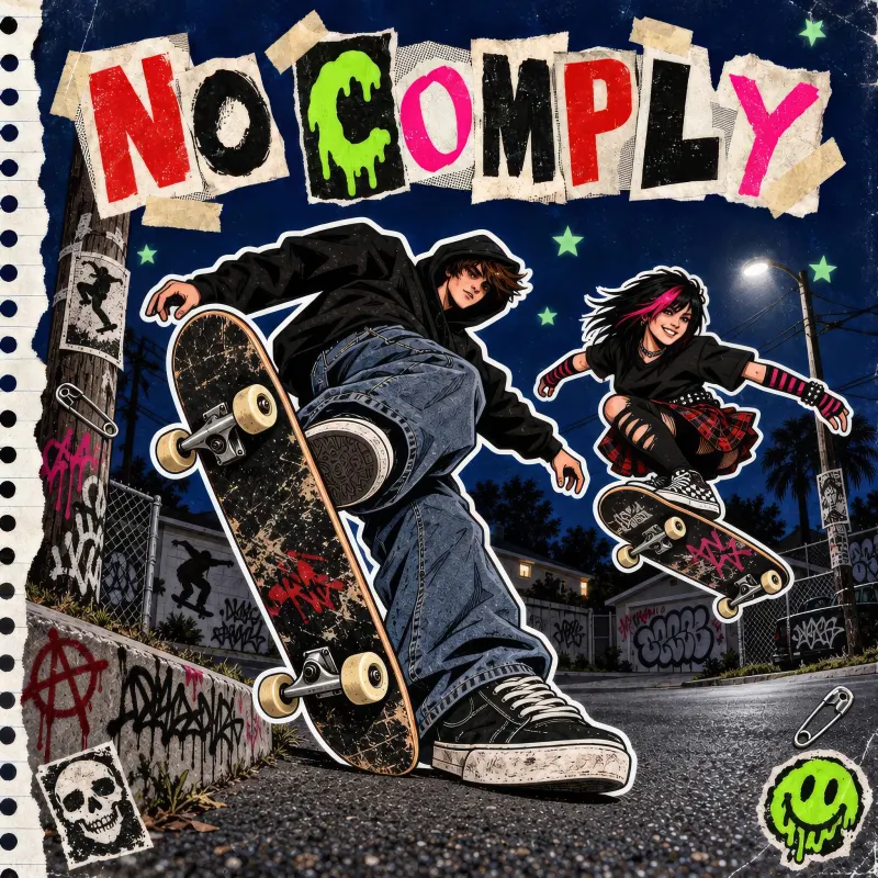 NO COMPLY box art: two skaters at night under a streetlight, the title in cut-out ransom letters.