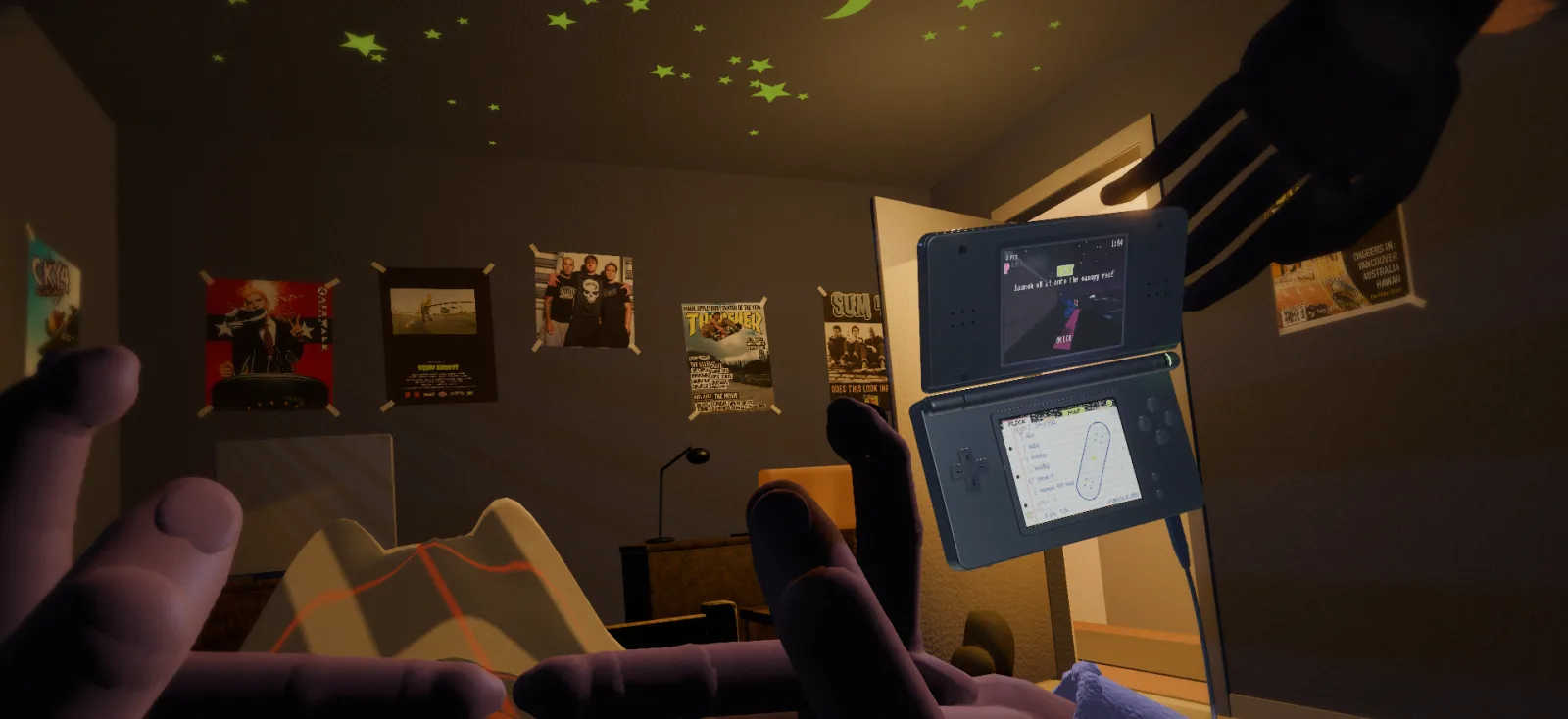 The room flooded with hall light, glow stars on the ceiling, your hands out, a parent's hand taking the DS away.
