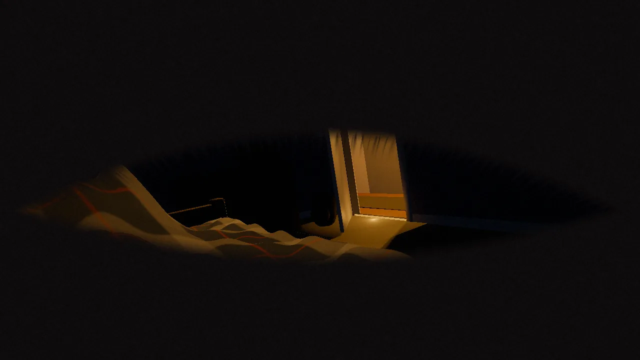 The bedroom from the pillow, nearly black, the door swung open and amber hall light spilling across the floor.