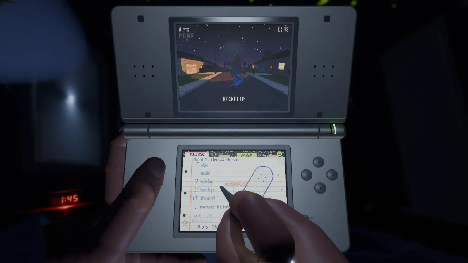 Your hand flicking a kickflip with the stylus on the DS touch screen.
