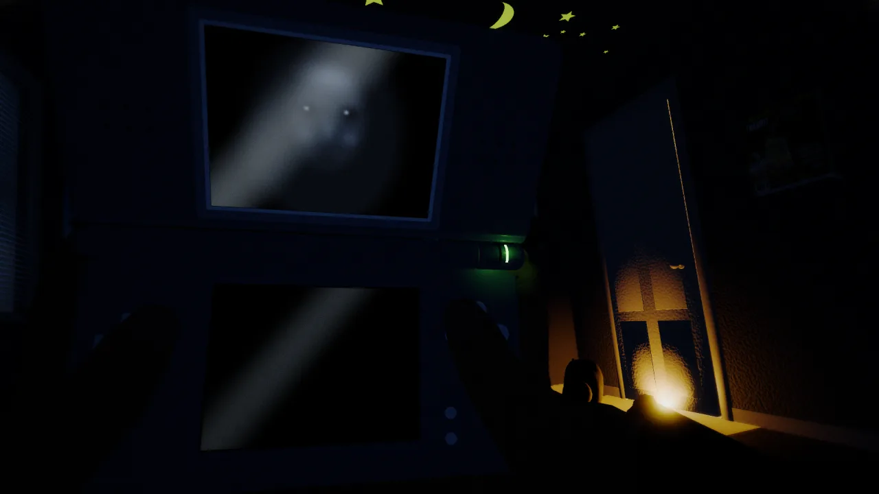 The lid snapping shut: both screens gone black, your own face faint in the glass, the light still under the door.