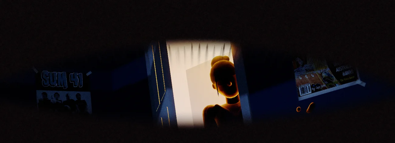 Through a slit of closed eyelids: the door open, a parent's head and shoulders against the lit hall.