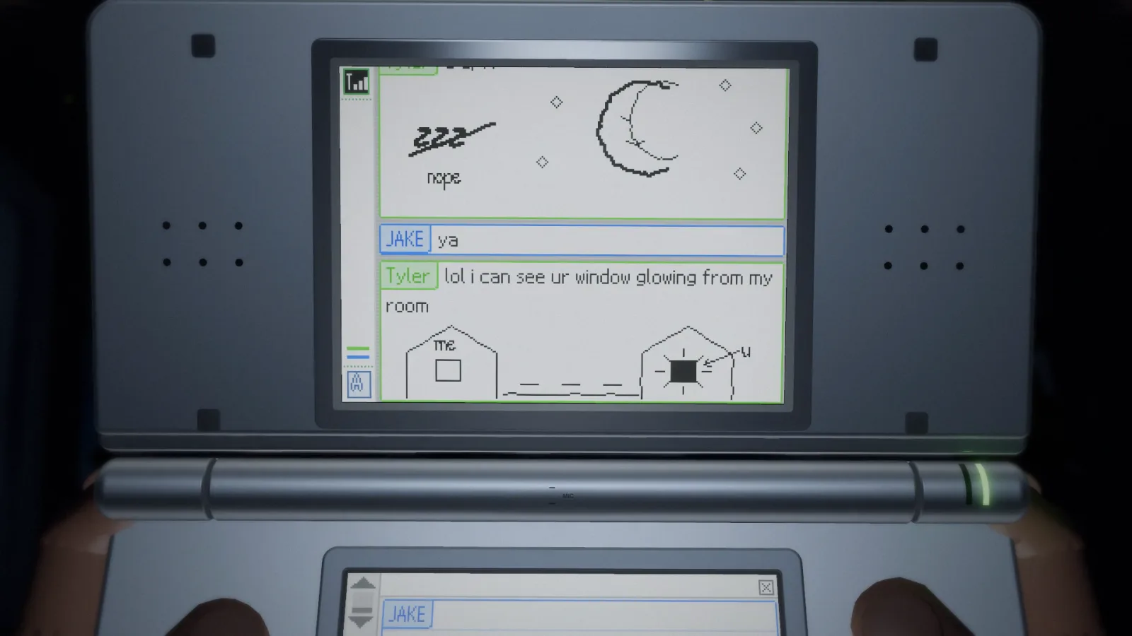 PictoChat on the DS. Tyler writes: lol i can see ur window glowing from my room.